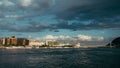 Cloudy sky over city and Chain Bridge on River Danube in Budapest, Hungary. Royalty Free Stock Photo