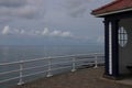 An atmospheric sky over the Irish sea taken from Aberystwyth with the beach shelter to the right of the image