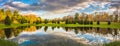 Cloudy Sky reflection in pond near town of Hadley