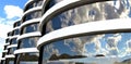 Cloudy sky, sea and rocks are reflected in the glass facade of a fashionable luxury hotel in the future. 3d rendering
