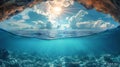 Cloudy sky with the sun split by waterline to underwater scene nature background AI generated Royalty Free Stock Photo