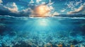 Cloudy sky with the sun split by waterline to underwater scene nature background AI generated Royalty Free Stock Photo