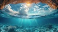 Cloudy sky with the sun split by waterline to underwater scene nature background AI generated Royalty Free Stock Photo