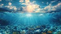 Cloudy sky with the sun split by waterline to underwater scene nature background AI generated Royalty Free Stock Photo