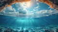 Cloudy sky with the sun split by waterline to underwater scene nature background AI generated Royalty Free Stock Photo