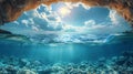 Cloudy sky with the sun split by waterline to underwater scene nature background AI generated Royalty Free Stock Photo