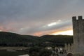 Sunset over lake and forest from medieval castle in Catalonia Royalty Free Stock Photo