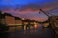 Cloudy sky at sunset, Regnitz river with ships in Bamberg Royalty Free Stock Photo