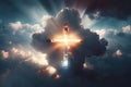 Cloudy sky with sunshine shinning though shape of cross. Generative AI Royalty Free Stock Photo