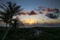 Cloudy sunrise over the Atlantic Ocean at the beach with path and palm trees Royalty Free Stock Photo