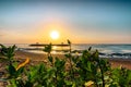 Sunrise with green plants in the foreground and a Balinese pavilion? Sanur, Bali