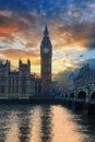 Sunset behind the Big Ben clocktower in London, United Kingdom Royalty Free Stock Photo