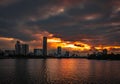 Cloudy sunset over Yekaterinburg business center reflecting in water of pond