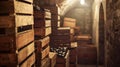 A cloudy view of stacked wine crates hints at the hidden treasures in this cellar Royalty Free Stock Photo