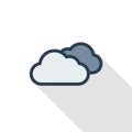 Cloudy weather thin line flat color icon. Linear vector symbol. Colorful long shadow design. Royalty Free Stock Photo