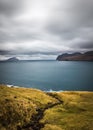 Cloudy And Windy Evening View of Road, Ocean and island in The Horizon. Faroe islands, Denmark,Europe