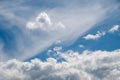 Cloudy windy sky. White cold clouds against the blue sky. Natural landscape background