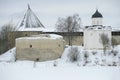 Cloudy winter day in Old Ladoga fortress. Russia, Staraya Ladoga Royalty Free Stock Photo