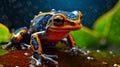 A clourful tiny frog on a leaf with waterdrops , ai, ai generative, illustration