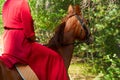 Clouse up of hand of woman rider in red dress and horse