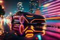 Clouse-up illustration of glowing sportcar against neon lighting streets