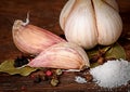 Clove of garlic and spices pile of salt Royalty Free Stock Photo