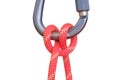 Clove hitch tied with red rope on carabiner, isolated on white background. Royalty Free Stock Photo