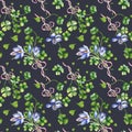 Clover and crocus bunch with ribbon watercolor seamless pattern isolated on blue. Painted green shamrock. Lucky symbol