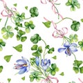 Clover and crocus bunch with ribbon watercolor seamless pattern isolated on white. Painted green shamrock. Lucky symbol