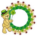 Clover frame and cute teddy bear in green hat. Raster clip art.