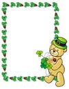 Clover frame and cute teddy bear in green hat. Raster clip art.