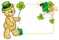 Clover frame and cute teddy bear in green hat. Raster clip art.