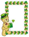 Clover frame and cute teddy bear in green hat. Raster clip art.