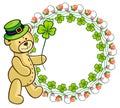 Clover frame and cute teddy bear in green hat. Raster clip art.