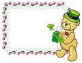 Clover frame and cute teddy bear in green hat. Raster clip art.