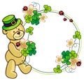 Clover frame and cute teddy bear in green hat. Raster clip art.