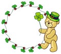 Clover frame and cute teddy bear in green hat. Raster clip art.