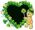 Clover frame and cute teddy bear in green hat. Raster clip art.