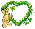 Clover frame and cute teddy bear in green hat. Raster clip art.