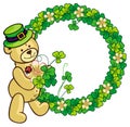 Clover frame and cute teddy bear in green hat. Raster clip art.