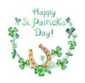 Clover frame with golden horseshoe and lettering, Postcard to the day of St. Patrick`s Day