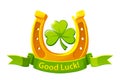 Clover, Golden Horseshoe and ribbon. Good luck symbol