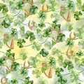 Clover and harp seamless pattern on watercolor background. Painted aquarelle shamrock and horseshoe. Hand drawn Irish Royalty Free Stock Photo