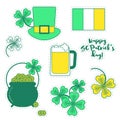 Clover, hat, beer and cauldron with gold, St. Patrick`s day set