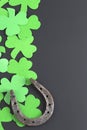 Clover and horseshoe on a dark background. St. Patrick`s Day. Royalty Free Stock Photo