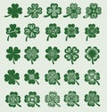 25 Clover leaf designs for design element, engraving, print on product and so on.  Vector illustration Royalty Free Stock Photo