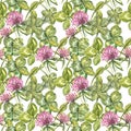 Clover leaf and flowers hand drawn seamless pattern watercolor illustration. Happy Saint Patricks Day. Royalty Free Stock Photo