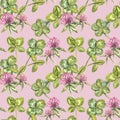 Clover leaf and flowers hand drawn seamless pattern watercolor illustration. Happy Saint Patricks Day. Royalty Free Stock Photo