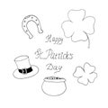 Clover leaf, leprechaun hat, horseshoe, pot of coins, lettering happy st patricks day set icon, sticker. sketch hand drawn doodle