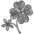 Clover leaves abstract decoration. Vector four leaf clovers black white graphic illustration lineart design vector for St. Patrick